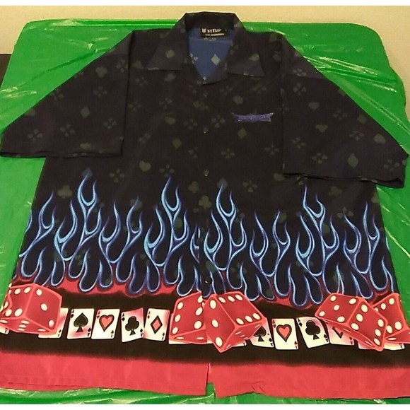 Stylo Las Vegas Gambling Dice Cards Blue Fire All Over Print Button Up Lg Shirt - Picture 4 of 10